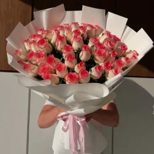 Elegant 51 Pink-Edged White Roses Bouquet