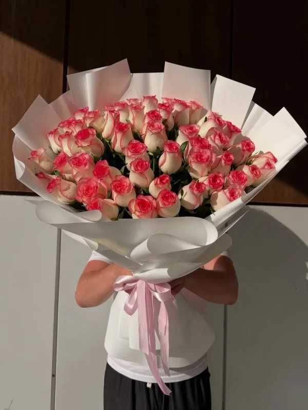 Elegant 51 Pink-Edged White Roses Bouquet