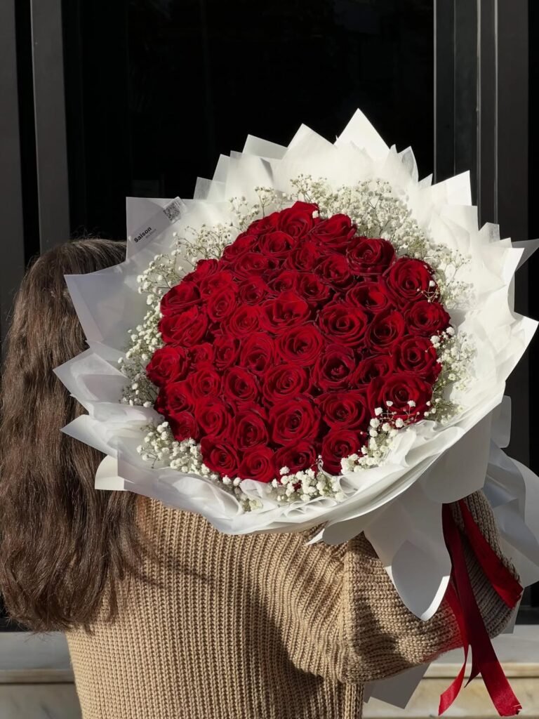 70 Red Rose with Gypsophila Bouquet – Flower Delivery Dhaka